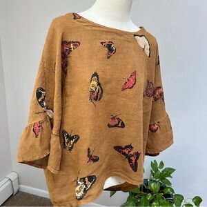VIOLA BORGHI Butterfly Print 100% Linen Blouse, Size Large